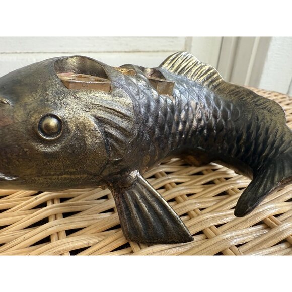 Vintage MCM Japan Bronze Metal Koi Fish Flower Frog Ikebana - Picture 14 of 14